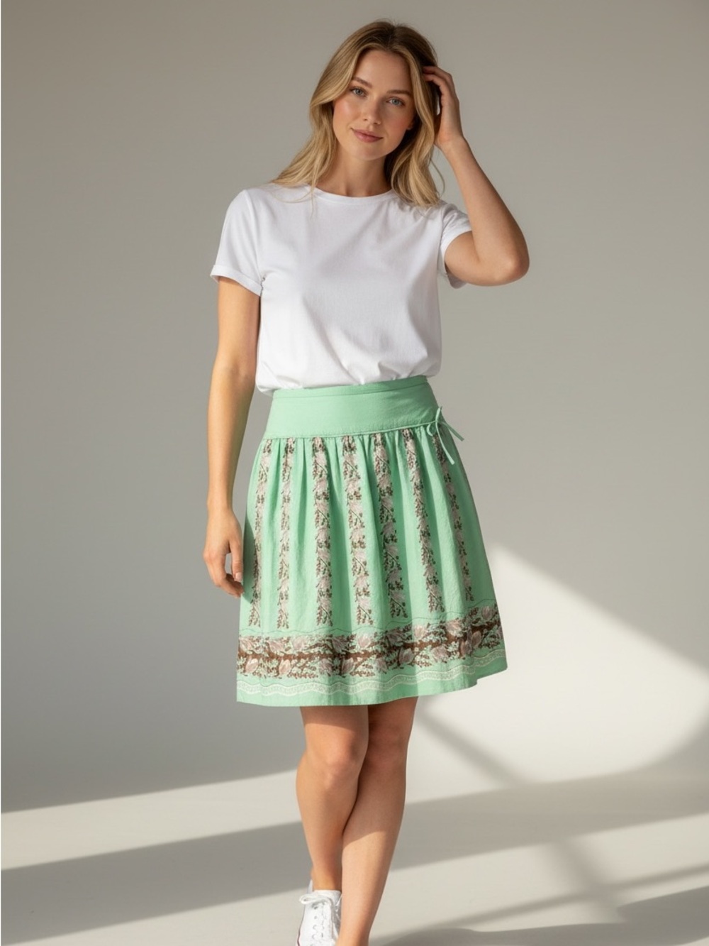 J.Crew Vintage Cotton A-Line Skirt Womens 12 Green Floral Block Print Midi Knee
